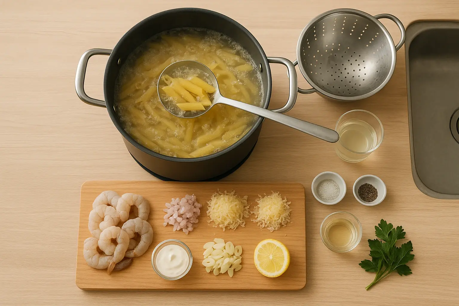 креветки с макаронами
