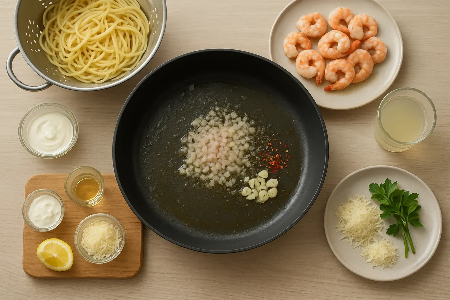креветки с макаронами